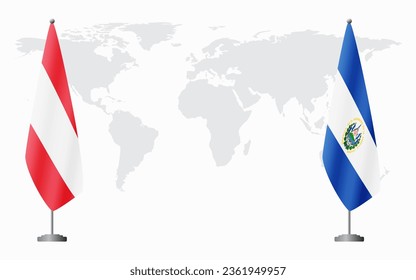 Austria and El Salvador flags for official meeting against background of world map.