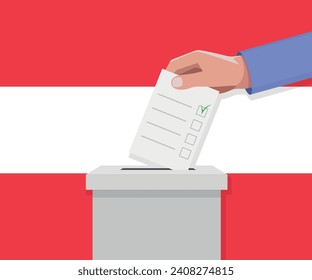 Austria election concept. Hand puts vote bulletin into vote box.