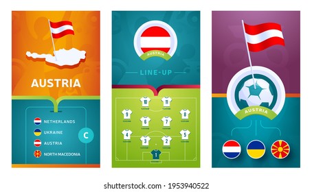 austria European 2020 football vertical banner set for social media. euro 2020 Austria group C banner with isometric map, pin flag, match schedule and line-up on soccer field