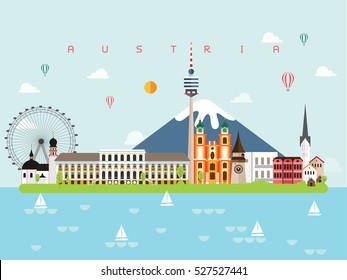 Austria Famous Landmarks Infographic Templates for Traveling Minimal Style and Icon, Symbol Set Vector Illustration Can be use for Poster Travel book, Postcard, Billboard.