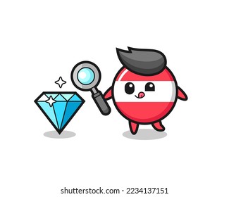 austria flag badge mascot is checking the authenticity of a diamond , cute style design for t shirt, sticker, logo element