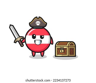 the austria flag badge pirate character holding sword beside a treasure box , cute style design for t shirt, sticker, logo element