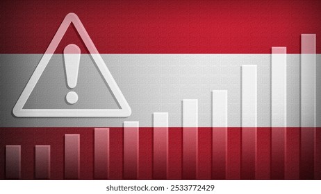 Austria flag with burlap texture, warning sign, and rising bar chart symbolizing increasing risk or growth challenges in the country. Ideal for data presentations.