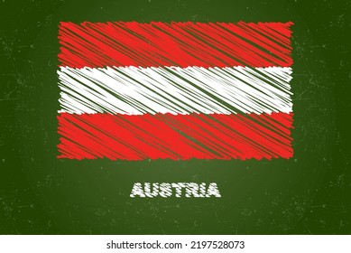 Bandera austríaca con efecto tiza sobre pizarra verde, concepto de bandera del país dibujante a mano, pizarra verde con bandera austríaca, textura de tiza, bandera para los niños, material de clase