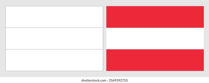 Austria flag - coloring page. Set of white wireframe thin black outline flag and original colored flag.