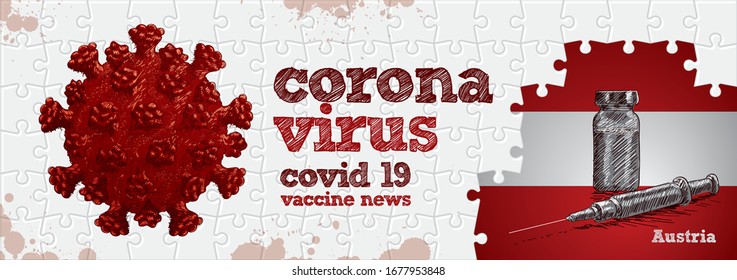 Austria flag, corona virus and vaccine. Puzzle concept hand drawing