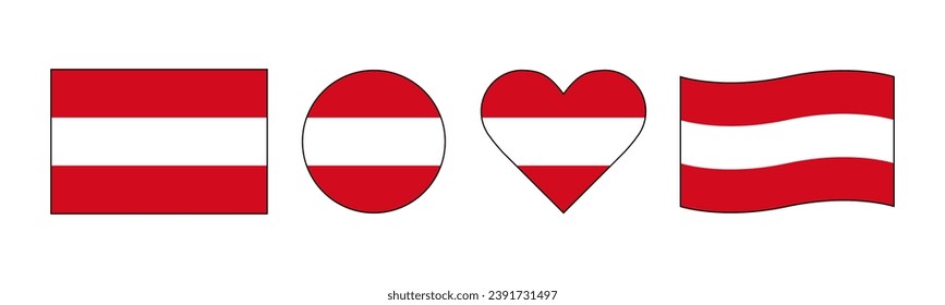 Austria flag design package. various designs for the national flag of Austria. flags with a composition of red, white and red horizontally in rectangular, round, love and wavy shapes