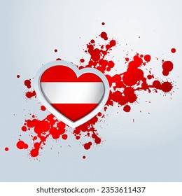 Austria Flag in the form of a 3D heart and paint splashes abstract background. Flag of Austria. Use for brochures, printed materials, logos, signs, elements, etc.