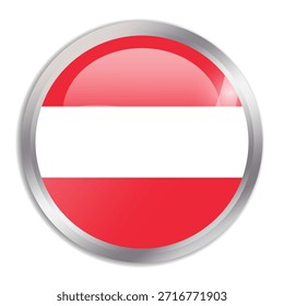 Austria flag - glossy circle button in metal frame displays a colorful flag of a country cultural identity and heritage. The essence of national pride and unity.