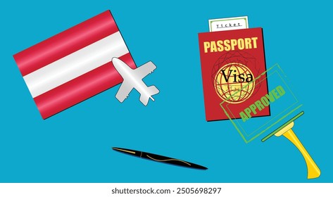 Austria flag with green plane icon. Passport with visa approved stamp. Black stylish Pen. Austrian Travel poster. Editable vector EPS available