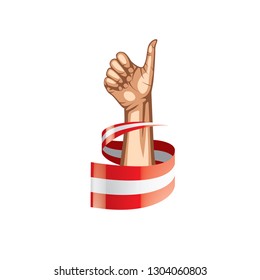 Austria flag and hand on white background. Vector illustration