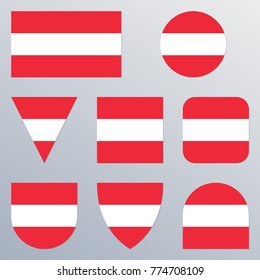 Austria flag icon set. Austrian flag button or badge in different shapes. Vector illustration.