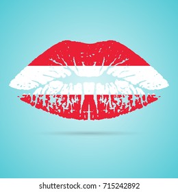 Austria Flag Lipstick On The Lips Isolated On A White Background. Vector Illustration. Kiss Mark In Official Colors And Proportions. Independence Day