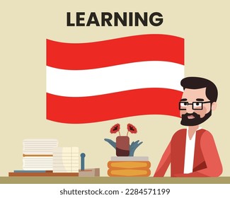 Austria flag with a male teacher, learning or teaching Austria language, bearded man with glasses and country flag vector design, language school concept