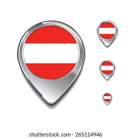 Austria flag map pointer. 3d Map Pointer with flag glossy button style on gray background