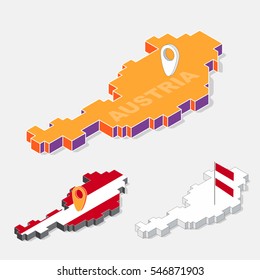 Austria flag on map element and 3D isometric shape isolated on background, vector illustration