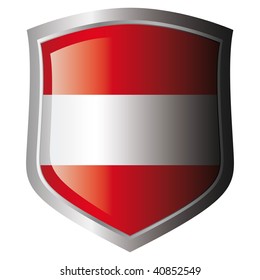 austria flag on metal shiny shield. Collection of flags on shield against white background. Isolated object.
