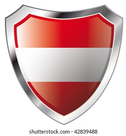 austria flag on metal shiny shield vector illustration. Collection of flags on shield against white background. Abstract isolated object.