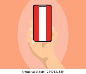Austria flag on mobile phone screen, holding smartphone, advertising social media or banner concept, Austria flag showing on phone screen, technology news idea