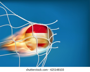  Austria flag on soccer ball goes through the net of goal in vector illustration, design for score in football with powerful shooting as a fire