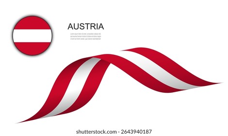 Bandeira da Áustria em fita ondulada e botão de círculo, ilustração de design de vetor de bandeiras austríacas.