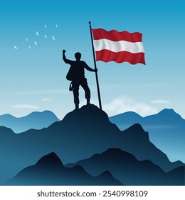 Austria Bandera levantada en una cima montañosa con el cielo despejado en el fondo, Ilustración vectorial