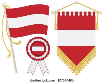austria flag, rosette and pennant, isolated on white