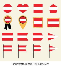 Austria flag set in 16 shape versions. Collection of Austria flag icons with square, circle, heart, triangle, medal, stamp and location shapes.