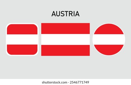 austria flag set of icons. A set of flags in square, rectangular and round shapes. Flag icon. Standard colors. Vector illustration.	