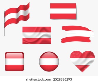 Austria flag - set of icons. Vector flag of Austria, symbol. Set of austrian flags - button, waved, brush, heart.