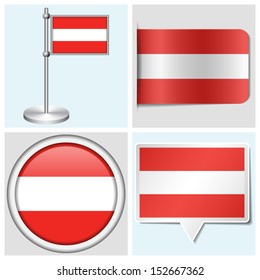 Austria flag - set of various sticker, button, label and flagstaff