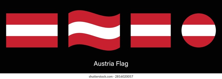 Austria Flag Set with Waving, Circle and Rectangle Shapes Vector Illustration