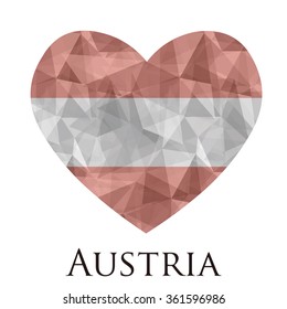 Austria flag shape heart in geometric rumpled triangular low poly origami style graphic illustration,mosaic polygonal style.Symbol of love to country.Retro or vintage style background.