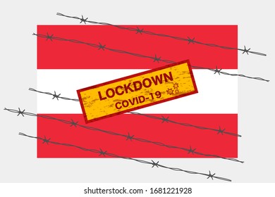 Österreichische Flagge mit Schild-Sperrwarnung-Sicherheit aufgrund von Coronavirus-Krise covid-19 Krankheitsdesign mit Barbe-verkabelte isolierte Vektorillustration