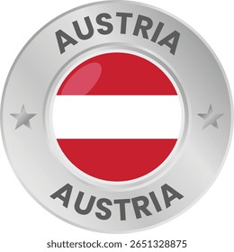 Austria flag in silver colored medal. National flag in metal circle emblem.