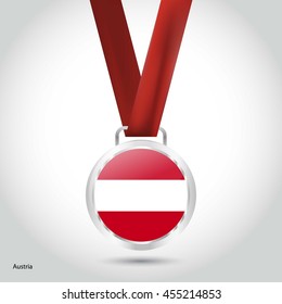 Austria Flag in Silver Medal. Vector Illustration. RIO Olympic Game silver Medal. Vector Illustration