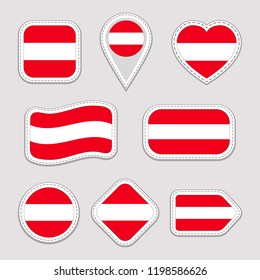 Austria flag stickers set. Austrian national symbols badges. Isolated geometric icons. Vector official flags collection. Sport pages, patriotic, travel, school, design elements. Different shapes