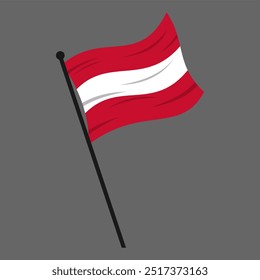 Bandeira da Áustria acenando em um polo, isolada em fundo cinza. Ilustração de vetor editável de estilo de desenho animado plano, perfeito para ícones, símbolos, fundos e elementos de design imprimíveis