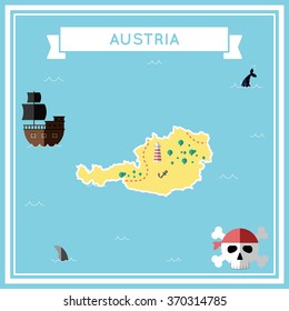 Austria flat treasure map. Colorful cartoon treasure map of Austria with flat icons of pirate ship, jolly roger, treasure chest and banner ribbon. Flat design vector illustration.