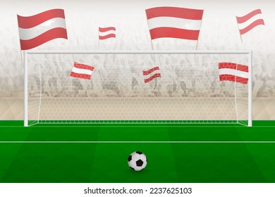 Austria football team fans with flags of Austria cheering on stadium, penalty kick concept in a soccer match. Sports vector illustration.