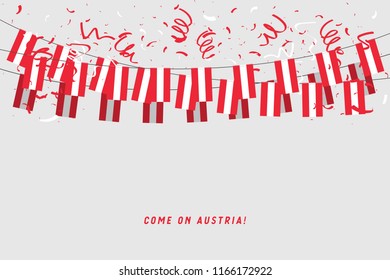 Austria garland flag with confetti on gray background, Hang bunting for Austria celebration template banner. vector