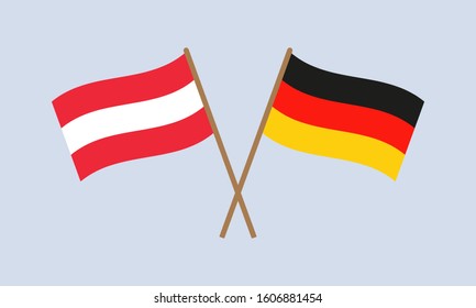 Austria and Germany crossed flags on stick. Austrian and German national symbol. Vector illustration.