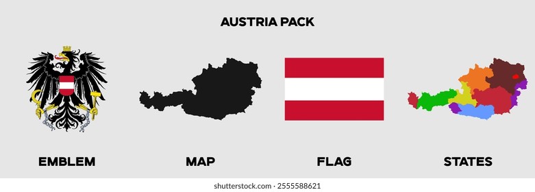 Austria Graphics Pack. Austria Flag. Austria Map. Austria Emblem. Editable EPS file with Map, Emblem, Flag and Divisional Map.