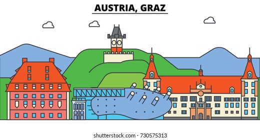 Austria, Graz. City skyline, architecture, buildings, streets, silhouette, landscape, panorama, landmarks. Editable strokes. Flat design line vector illustration concept. Isolated icons set