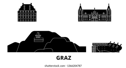 Austria, Graz flat travel skyline set. Austria, Graz black city vector illustration, symbol, travel sights, landmarks.