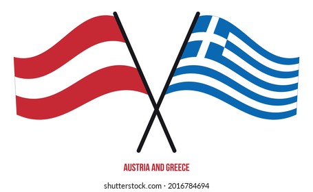 Austria and Greece Flags Crossed And Waving Flat Style. Official Proportion. Correct Colors.