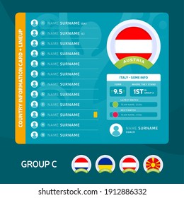 Austria group C Football 2020 tournament final stage vector illustration. Country team lineup table with place for information. 2020 soccer tournamet Vector country flags.