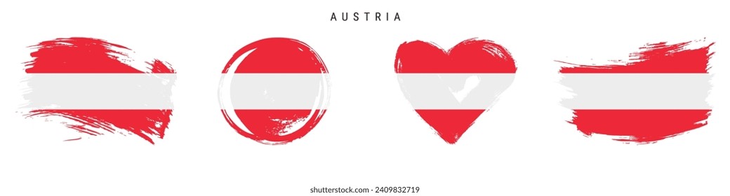 Juego de iconos de la bandera de estilo grunge dibujado a mano en Austria. Banner austríaco con colores oficiales. Forma de trazo de brocha libre, círculo y forma de corazón. Ilustración vectorial plana aislada en blanco.