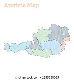 Austria hand-drawn map. Colourful sketchy country outline. Astonishing Austria map with provinces. Vector illustration.