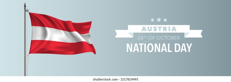 Austria happy national day greeting card, banner vector illustration. Austrian holiday 26th of October design element with waving flag on flagpole 